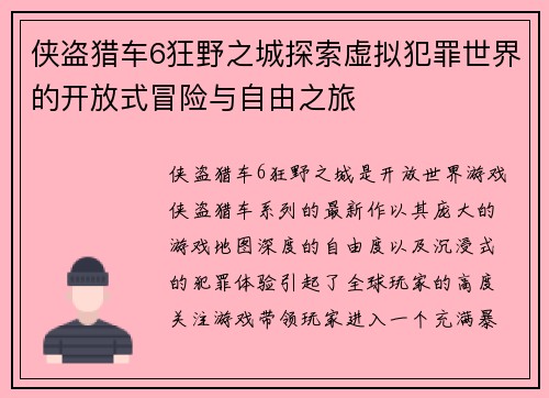 侠盗猎车6狂野之城探索虚拟犯罪世界的开放式冒险与自由之旅